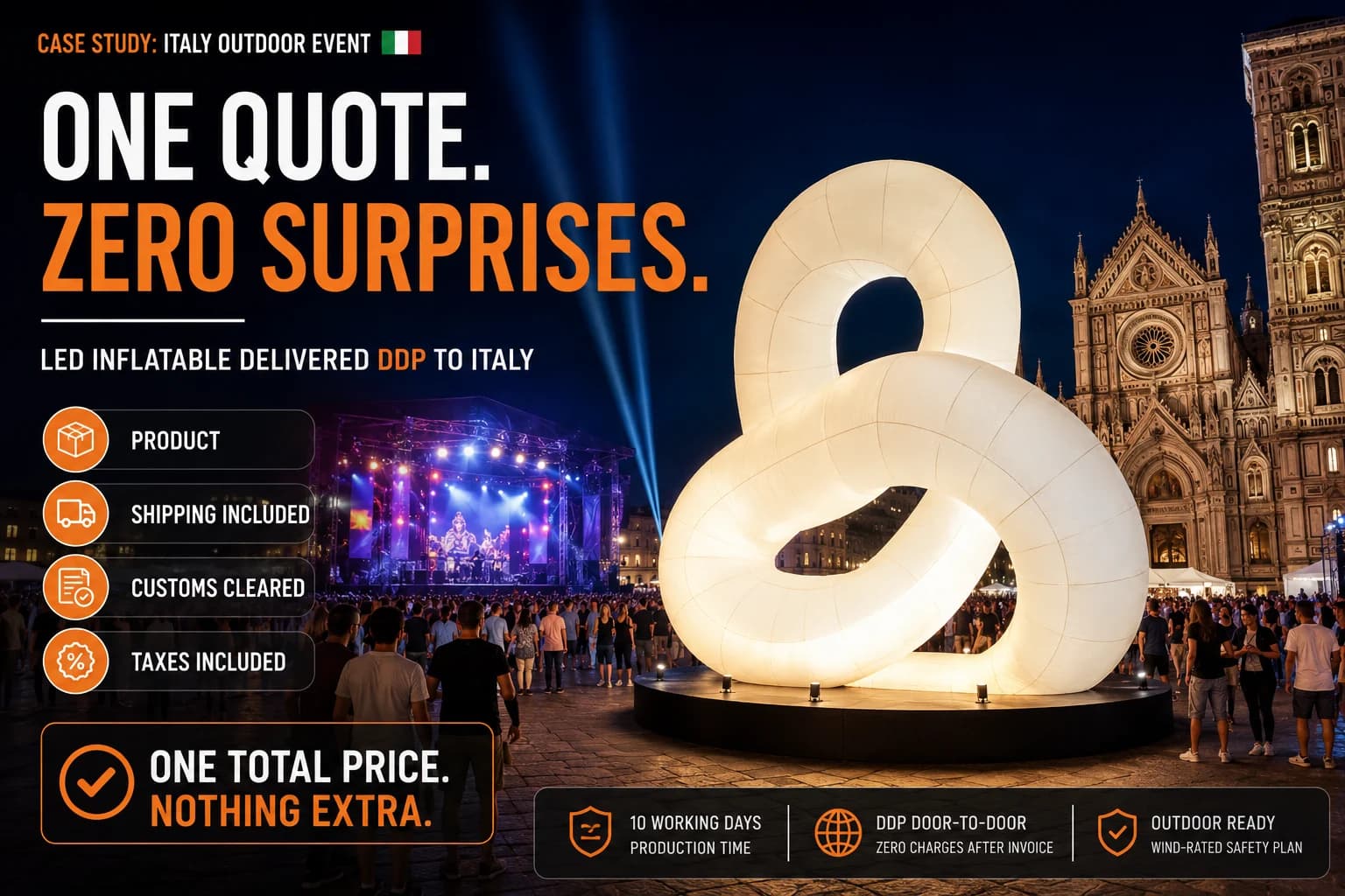 LED Inflatable Centerpiece with One-Number DDP Quote for an Italian Outdoor Event