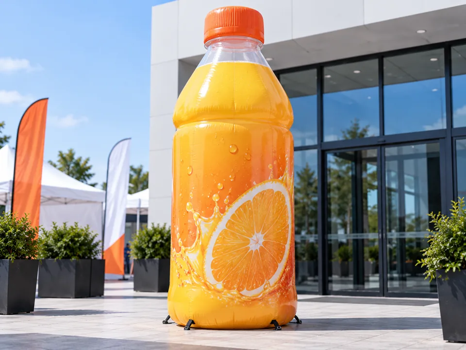 Concept illustration of a giant inflatable orange beverage bottle replica